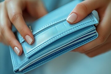 Close-up of a hand opening an empty wallet, showing financial trouble to pay bills and loans., Generative AI