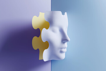 Fragmented white profile reveals yellow puzzle pieces within gradient background.