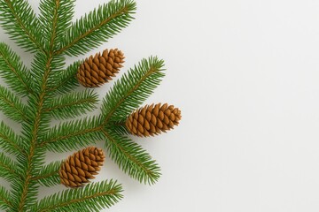 Decorative pine cones and lush green spruce for holiday decor on a white backdrop