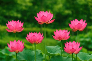 Obraz premium Summer scene featuring a pink lotus among seven blossoms