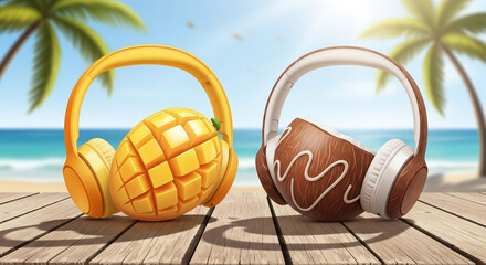 Vibrant Summer Vibes Tropical Fruit Headphones Vector Illustration