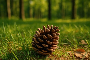Close-up of a pinecone amidst grass in a forest setting
