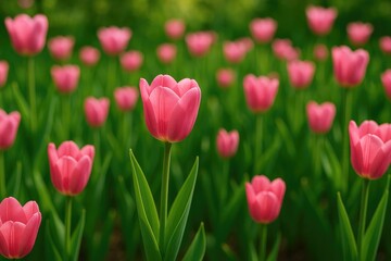 Fototapeta premium Beautiful pink tulips blooming in the garden