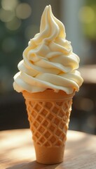 Vanilla ice cream cone sitting on wooden table outdoors