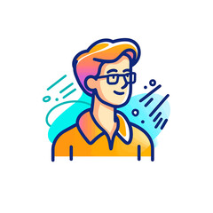 Cartoon man with glasses, orange shirt, and colorful hair illustration