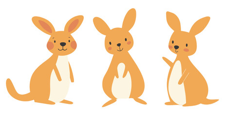 Three playful minimalist vector kangaroos in warm orange and cream tones, each striking a unique pose. Perfect for children’s décor, nursery art, Aussie wildlife themes, greeting cards, stickers