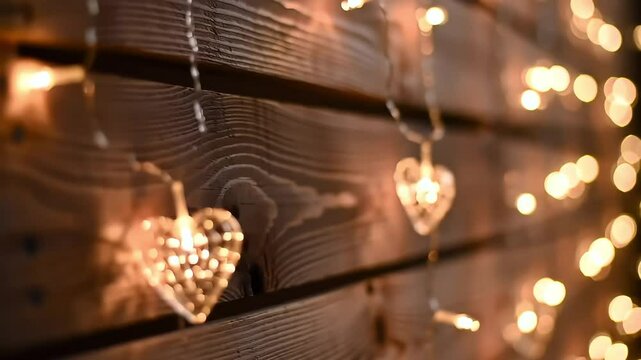Heart lights on wood wall, bokeh background