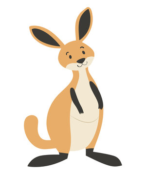 Friendly minimalist vector kangaroo standing upright in warm orange and cream flat colors with a simple smiling face. Ideal for children&rsquo;s d&eacute;cor, nursery prints, Aussie wildlife themes, greeting cards