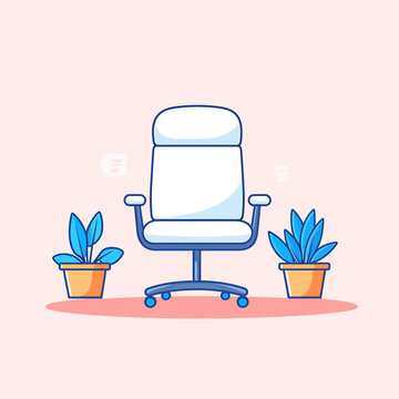 Cartoon office chair with blue trim and potted plants illustration