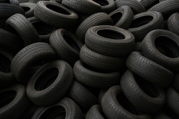 Stack of discarded black rubber tires in a recycling yard