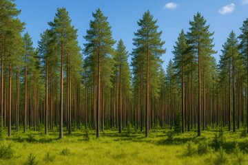 Evergreen woodland scene with tall pine trees