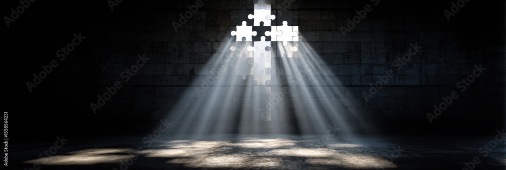 Aufkleber light pours through puzzle ribbon window, illuminating a dark space and symbolizing awareness and un