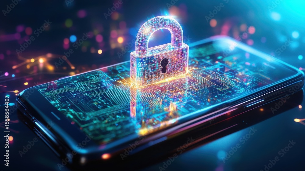 Poster glowing digital padlock and smartphone in abstract night setting