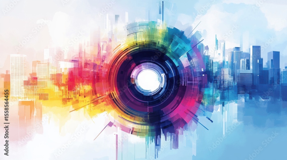 Poster Abstract circular design over vibrant cityscape during daytime