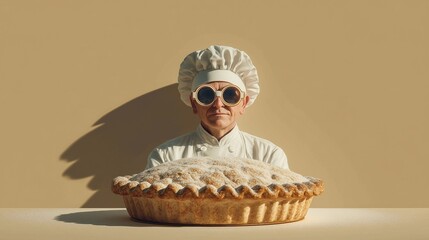 Chef in quirky goggles under a massive Thanksgiving pie shadow on a warm white backdrop, foodie holiday concept