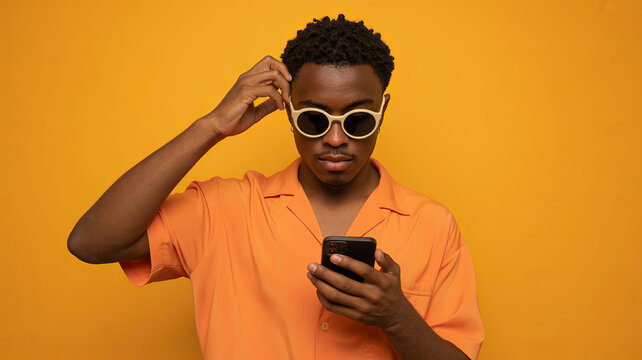 Focused Gaze: A striking individual intently focuses on their mobile phone, an enigmatic expression veiled behind sunglasses, against a vibrant yellow backdrop. 