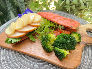 Soft tofu and slice chicken Beetroot waffle sandwiches with broccoli and cherry tomato.