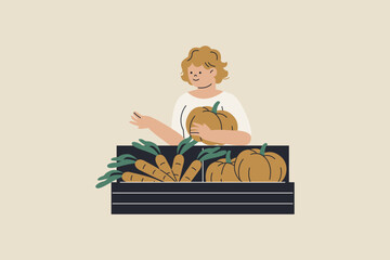 Illustration of Woman with Harvested Vegetables