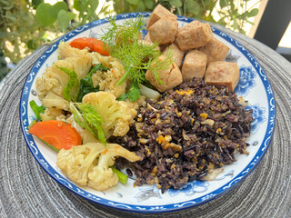 Baked tofu with Stir fired vegetable and stir-fired egg mixed brown rice