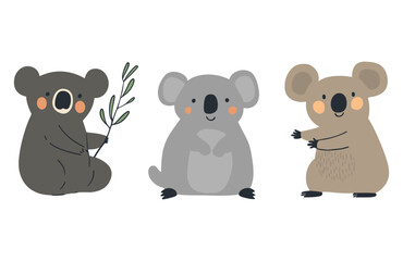 Vector illustration of three adorable minimalist koalas in soft gray and beige tones with rosy cheeks and playful poses. Perfect for nursery décor, children’s books, wildlife themes, stickers, and web