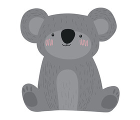 Charming minimalist vector of a sitting koala in soft gray tones with subtle line textures and rosy pink cheeks. Ideal for children’s décor, nursery prints, wildlife themes, greeting cards.
