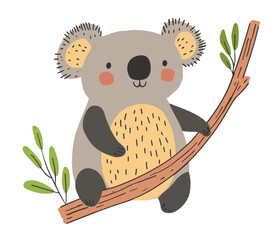 Charming minimalist vector of a koala perched on a eucalyptus branch, featuring soft gray fur, warm ochre highlights, rosy cheeks, and simple hand-drawn textures. Perfect for nursery art, wildlife