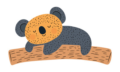 Adorable minimalist vector of a sleeping koala draped over a tree branch, rendered in muted gray and warm ochre tones with playful spot textures. Perfect for nursery art, children’s décor, stationery.