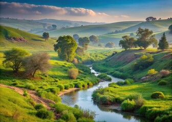 Misty morning landscape with rolling hills and a gentle stream in The Verdant Valley of Elah