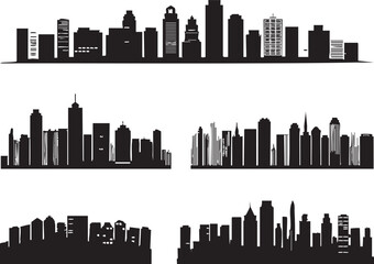 Naklejka premium Collection of black silhouettes of city skylines against a white background