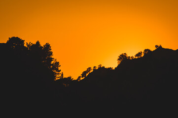 Silhouette of trees and rocky hill against an intense golden-orange sunset sky in Zakynthos island,...