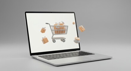 Online Shopping Concept with 3D Laptop and Gift Boxes, Digital Marketing Promotion with Cart and Present Icons