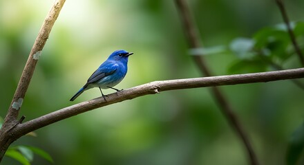 Obraz premium Vibrant Blue Bird Perched on a Branch in Lush Green Forest
