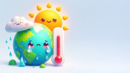 3D cute cartoon crying Earth and sad cloud beside happy sun and red thermometer showing global warming, high temperature, climate change, heatwave, sustainability, weather crisis
