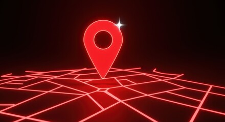Cyberpunk Navigation: Luminous Red Location Pin on Glowing Network Grid, Futuristic Location Marker on a Red Neon Grid for Digital Mapping and Navigation