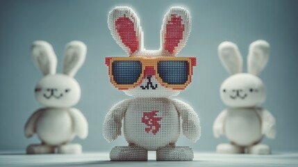 Retro-gamer in pixel sunglasses under a massive Easter bunny shadow on a hazy white background, playful holiday vibe