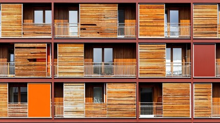 Modern apartment facade with clean lines, bathed in natural light, set in a minimalist urban environment. Simplicity and elegance in contemporary