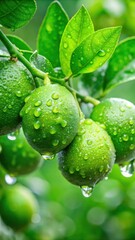 Fresh green limes hanging from tree branches in rain with dewy leaves glistening on the foliage