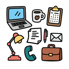 Vector art of office supplies including a laptop coffee calendar and briefcase isolated on white background