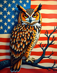 Vibrant Owl Artwork on U.S. Flag – Symbol of Wisdom and Freedom.