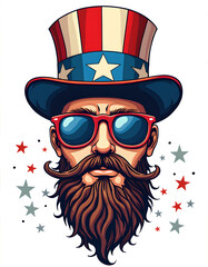 USA Style Beard Man with Stars and Stripes Hat – Independence Day Art.