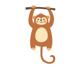 Cute minimalist vector illustration of a smiling monkey hanging by its arms from a branch in warm brown tones. Ideal for children’s décor, nursery art, zoo themes, stickers, and playful web graphics.