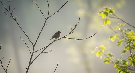 Solitary Bird Perched on a Branch in Misty Morning Light