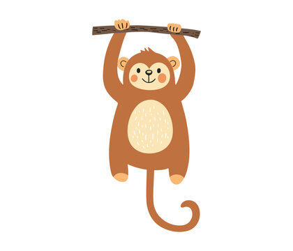Cute minimalist vector illustration of a smiling monkey hanging by its arms from a branch in warm brown tones. Ideal for children&rsquo;s d&eacute;cor, nursery art, zoo themes, stickers, and playful web graphics.