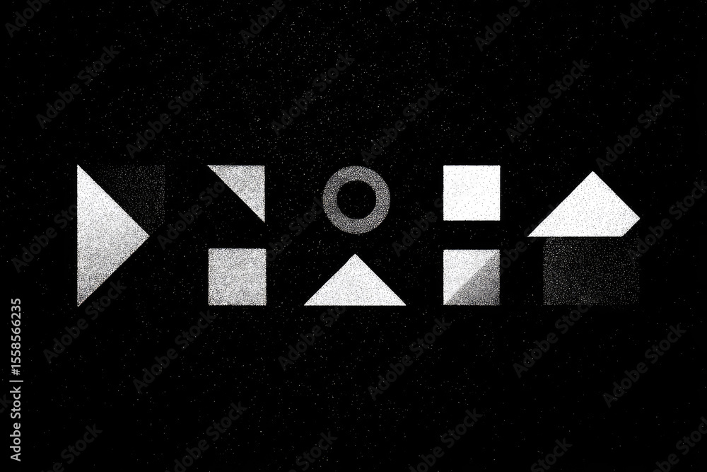 Poster geometric shapes including triangle, square, circle, and house form float on textured black backgrou