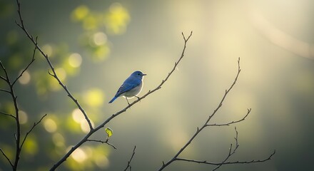 Obraz premium Serene Bluebird Perched on a Branch in Soft Morning Light