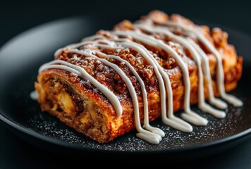 Delicious cinnamon roll cake slice with creamy icing drizzle on black plate, showcasing an enticing dessert for food photography enthusiasts