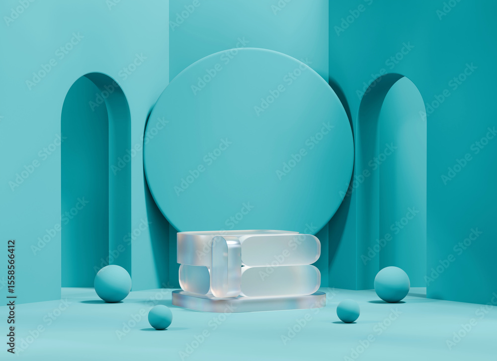 Poster clear podium platform for advertising product display with blue background 3d rendering