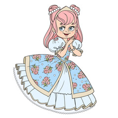 Cute princess in a fancy dress with roses looks at the viewer with affection on white background