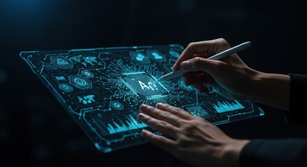 Hands Interacting with AI Interface on Transparent Screen, Exploring the Future of Technology, AI and Digitalization