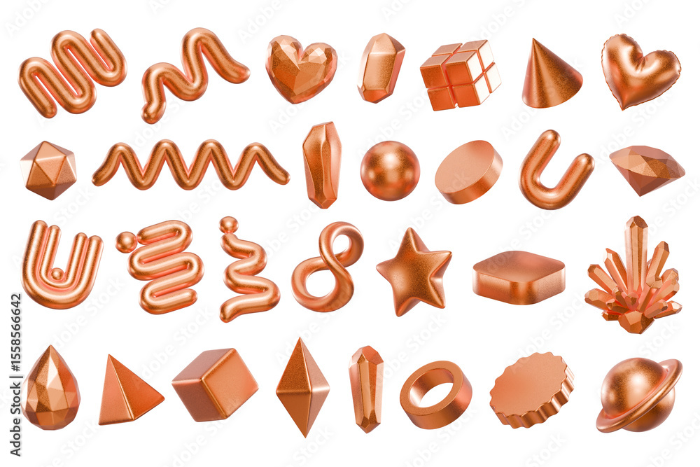 Poster Golden object geometry shape set isolated background 3d rendering	
